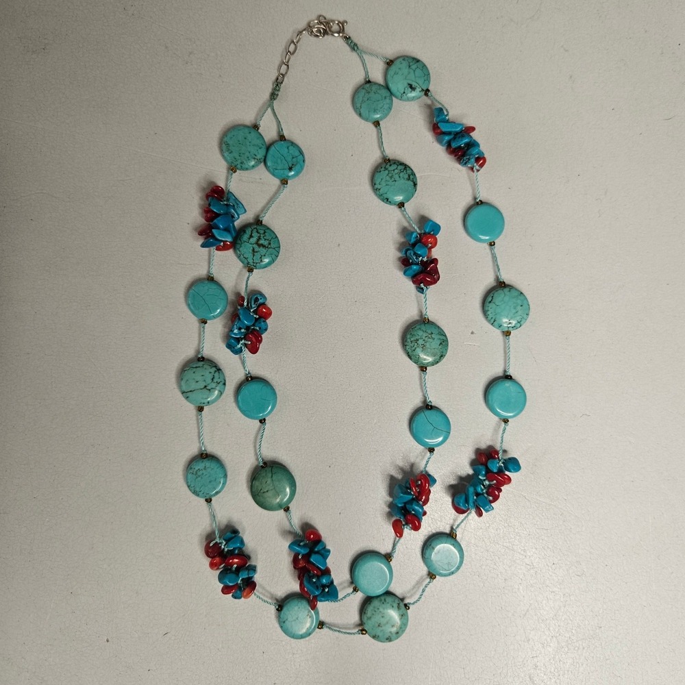 Boho Turquoise Red Blue Stone‎ Bead Double Strand Layered Necklace 20" Southwest